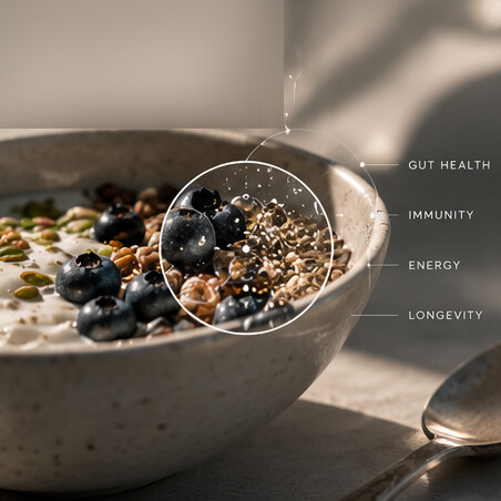 A yogurt bowl with berries and seeds and a whole-system nutrient overlay