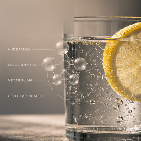 Sparkling water with lemon and a hydration-science overlay